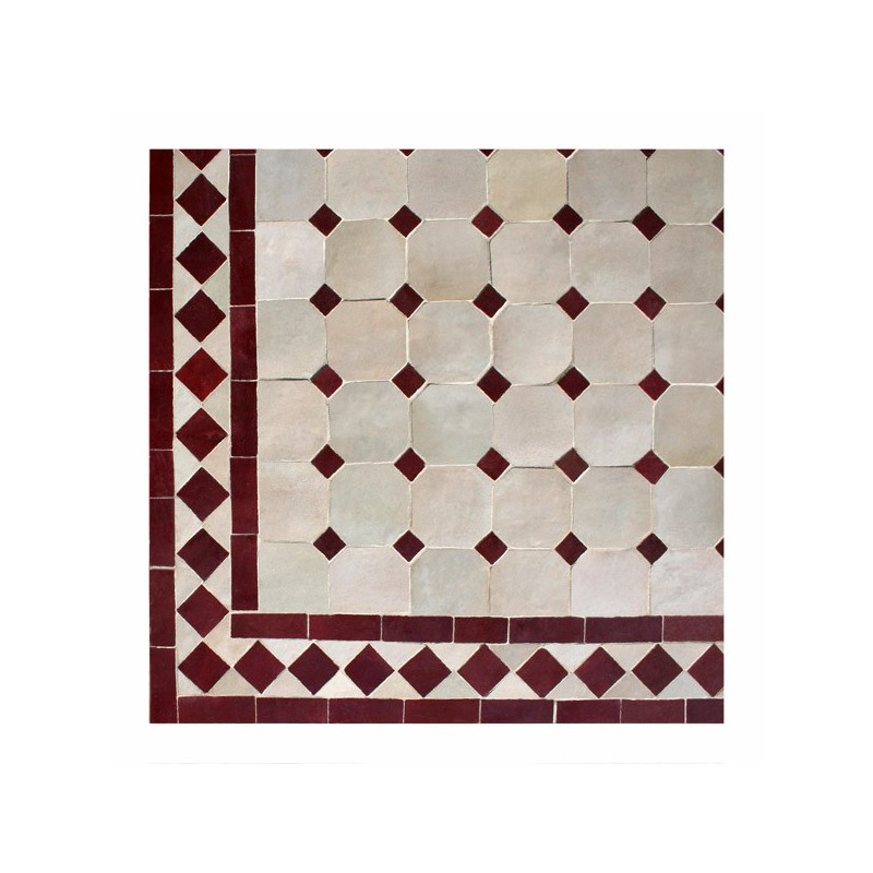 Table en zellige ronde d.: 120, mosaique de céramique marocaine bordeaux sur fond beige