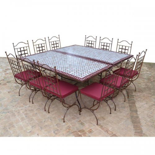 Table en zellige Carrée 180-180 (2 Table rect. 180-90) + 12 Chaises Provence + 12 coussins