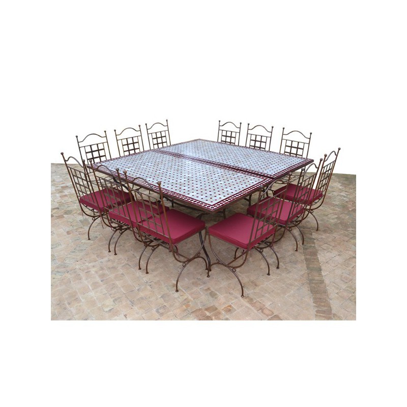 Table en zellige Carrée 180-180 (2 Table rect. 180-90) + 12 Chaises Provence + 12 coussins