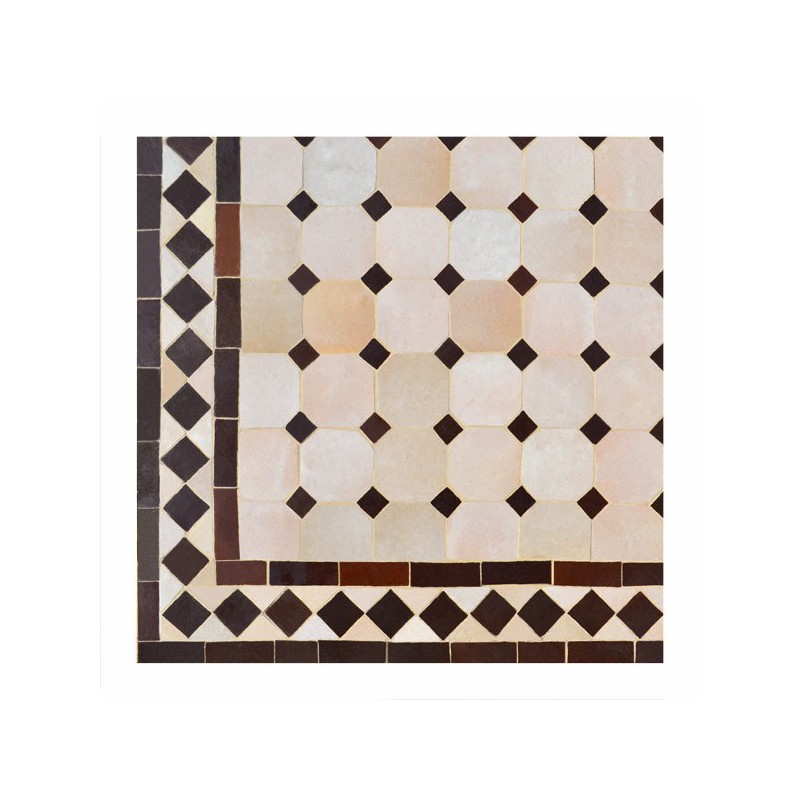 Motif "koura" Chocolat sur fond beige, table carrée en 200/200 zelllige marocain artisanal 