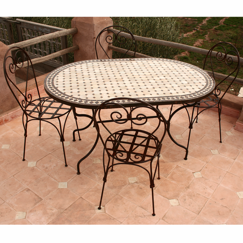 Table zellige fer forgé Ovale 140 90 avec 4 Chaises fer forgé Italiennes