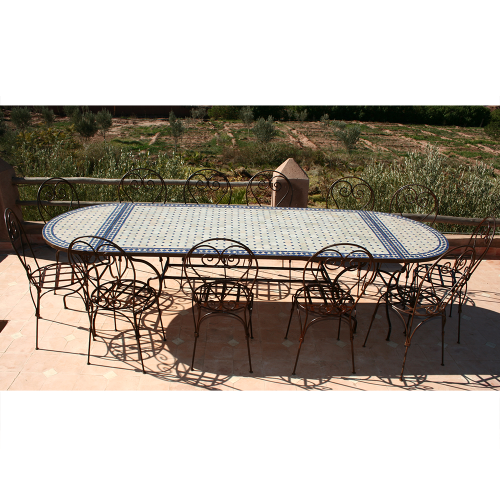Table en mosaïque zellige ovale 3 m par 1 m et 12 Chaises fer forgé