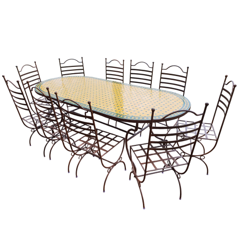 Table_zellige_Ovale_220-100_10_Chaises_fer_forge_Marina