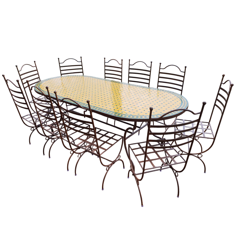 Table_zellige_Ovale_220-100_10_Chaises_fer_forge_Marina