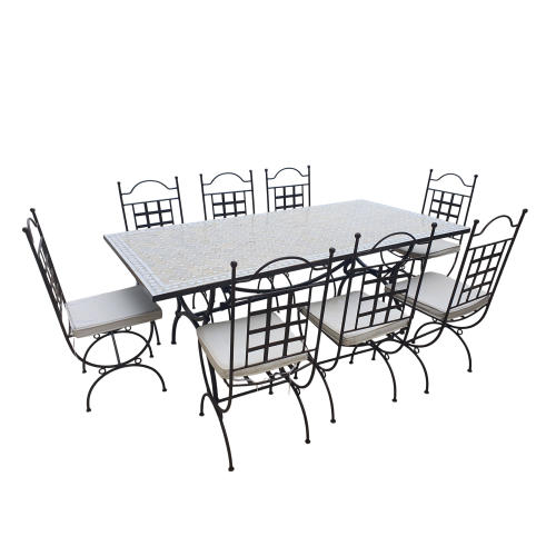 Table zellige rectangulaire 200-100 + 8 Chaises Provence + 8 coussins