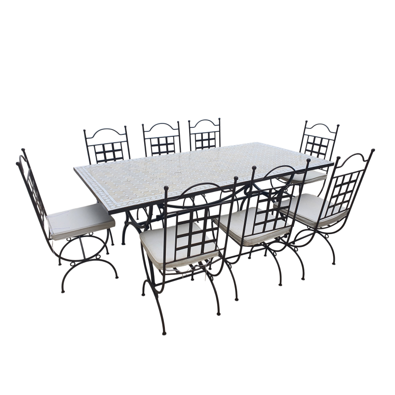 Table_zellige_Rectangulaire_200-100_8_Chaises_fer_forge_Provence_8_coussins