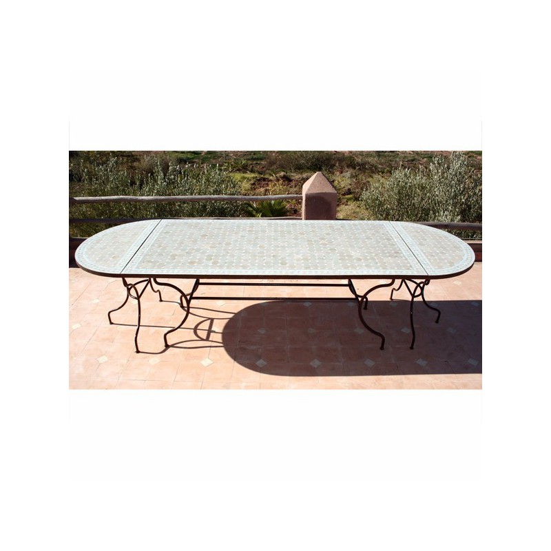 Table en zellige ovale 300/100 beige blanc (rect 200/100+2consoles)